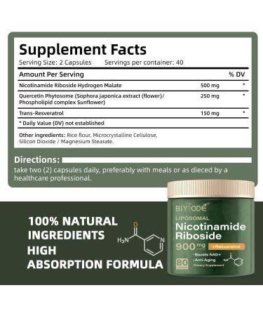NAD+ Supplement - 900mg Liposomal Nicotinamide Riboside Capsules with Resveratrol & Quercetin 80 Capsules Anti-Aging Energy Focus - Buy Online on GoSupps.com