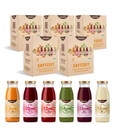 Safe time 5-day fasting cure Bio |5x 6 bottles with coordinated fruit and vegetable juices refined with herbs spice or flower extracts |Fruity-sweet in taste |From the Achterhof