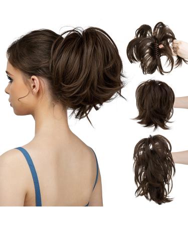 CJL HAIR Claw Clip Short Ponytail Hair Extensions Bendable Metals Messy Bun Hair piece Straight Fake Hairpieces Medium Ash Brown 8 inch
