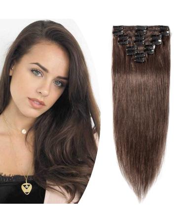 SEGO Clip In Extensions Real Hair Remy Hair Extension Hairpiece Heat Resistant Straight Medium Brown#4 20"(50cm)-70g