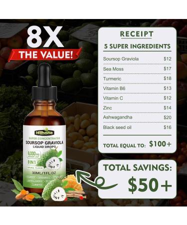 8 in 1 Graviola Soursop Leaf Extract Liquid - Soursop Bitters Liquid with Sea Moss, Ashwagandha and Tumeric, for Immune & Liver, Zzz & Antioxidant & Cell Support,1 Fl Oz original 1 Fl Oz (Pack of 1) - Buy Online on GoSupps.com