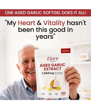 Elare Organic Aged Garlic Extract 7500mg Odorless 24 Month Aged Garlic Supplements | Health & Energy Support Non-GMO Non-Soy | All Natural - 300 Softgels (1 Bag) - Buy Online on GoSupps.com