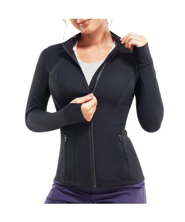 TrainingGirl Women's Sports Jacket Full Zip Workout Running Jacket Slim Fit Long Sleeve Yoga Track Jacket with Thumb Holes Black X-Large