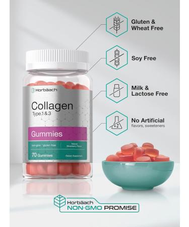 Horb ach Collagen Gummies | 70 Count | Strawberry Flavored Gummy | Hydrolyzed Collagen Type 1 and 3 | Non-GMO Gluten Free 70 Count (Pack of 1) - Buy Online on GoSupps.com