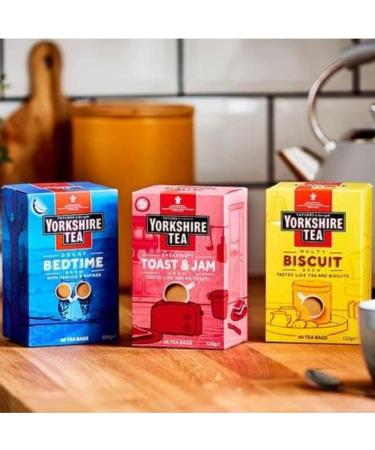Yorkshire Tea Bags Specialty Brew Bundle Containing Biscuit Brew Toast and Jam Decaf Bedtime (Pack of 3 Total 120 tea bags) - Buy Online on GoSupps.com