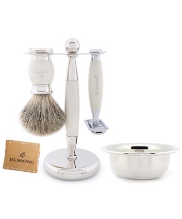 JAG Shaving Razor Set - 5 -part shaving set - Jag's Lee Range - Super Dachshaar Razor brush - Double edge of razor blades Razor plane - shaving bowl - shaving rack - leather pocket - Ivory color