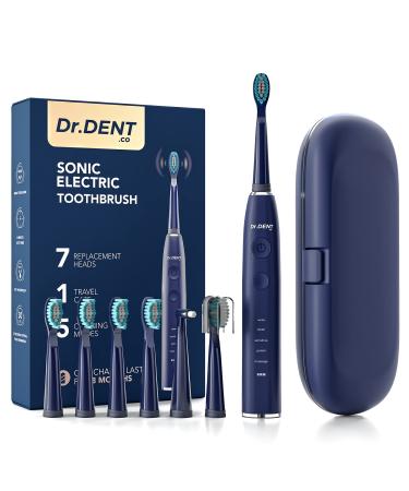DrDent Premium Sonic Electric Toothbrush - 7 Dupont Brush Heads & Travel Case - 5 Cleaning Modes with Smart Timer - Extended Battery Life - One Charge Lasts for 8 Months