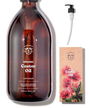 Bionoble Organic Castor Oil 500ml - 100% Pure Natural and Cold Pressed - Lashes Eyebrows Body Hair Beard Nails - Vegan and Cruelty Free - Glass Bottle + Pump Castor Oil 500.00 ml (Pack of 1)