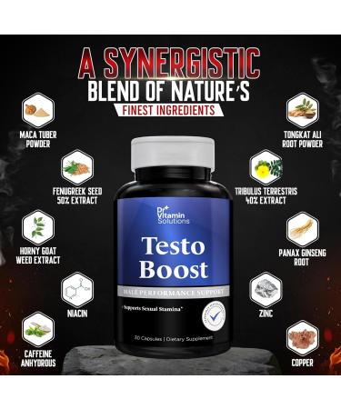 Dr. Vitamin Testo Boost Supplement for Men - Stamina Endurance & Energy Enhancement - Male Testosterone Booster w/ Fenugreek Tribulus Tongkat Ali Horny Goat Weed - 30 Capsules - Buy Online on GoSupps.com
