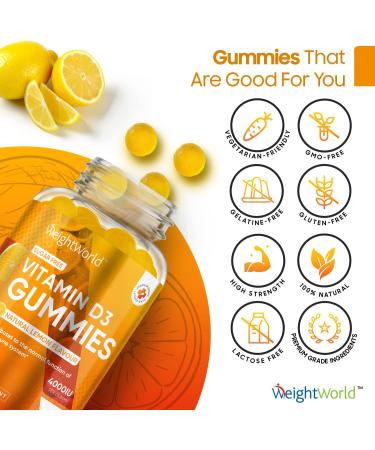 Vitamin D Gummies Adults 4000IU - Sugar-Free, Natural Lemon Flavour - 4 Months Supply - 120 Chewable Vitamin D3 Gummies - Vegetarian Friendly - High Strength Supplement - GMO & Gluten Free - Buy Online on GoSupps.com