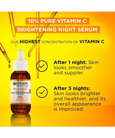 Garnier Brightening Night Vitamin-C Serum with HYALURONIC ACID Brightens & Smoothens Skin in just 3 Nights Targets Dark Spots and Dullness for All Skin Types even Sensitive Skin 30ml Night Serum - Buy Online on GoSupps.com