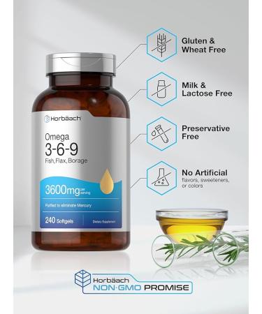 Horbaach Triple Omega 3-6-9 3600mg Softgels - Fish, Flaxseed, Borage Oils - 240 Count - Non-GMO, Gluten Free - Buy Online on GoSupps.com