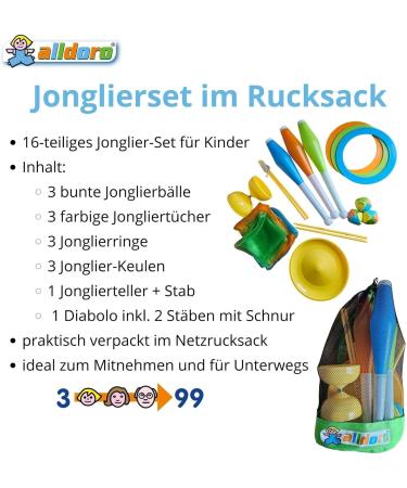 Alldoro 60130 Juggling Set in Backpack - 16-Piece Juggling Game with Diabolo for Kids & Beginners (Ages 3+) | Fun International Shipping Available - Buy Online on GoSupps.com