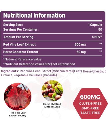 SUSTAINANCE Red Vine Leaf & Horse Chestnut Extract Capsules - 60 Vegetarian Capsules for Leg Vein, Heart, and Skin Support - Buy Online on GoSupps.com