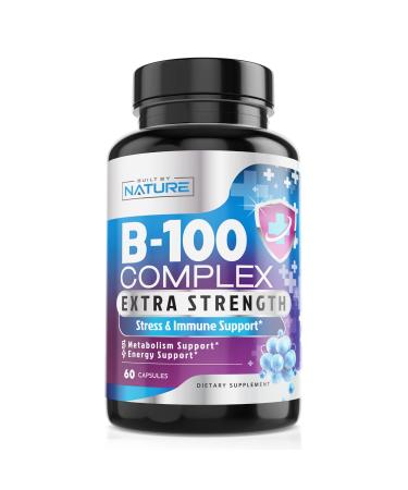 Vitamin B Complex - All B Vitamins B1 B2 B3 B5 B6 B7 B9 B12 Folic Acid Vitamin C - Super B-100 Supplement - Immune Energy & Metabolism Support Vegan Non-GMO Gluten Free 60 Capsules