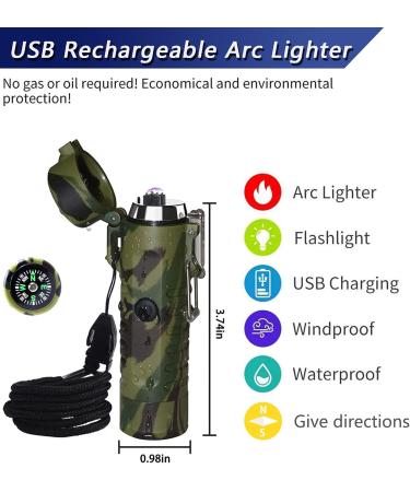 Electric Lighter (Rechargeable) 3 in 1 Windproof Plasma Lighter with Tactical Flashlight & Compass Portable Flameless Arc Lighters for Camping Hiking Outdoor Adventure Survival Tactical (Camouflage) - Buy Online on GoSupps.com
