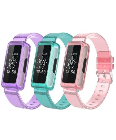 ESeekGo Compatible for Fitbit Ace 3 Bands/Fitbit Ace 2 Bands for Kids TPU Clear Sport Rugged Bands with Bumper Case Compatible for Fitbit Inspire/Inspire 2/Inspire Hr/Luxe Bands for Women Girls Boys Clear Pink+Clear Purple+Clear Green