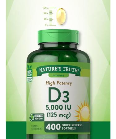 Nature's Truth Vitamin D3 5000 IU Softgels | 400 Count | High Potency | Non-GMO & Gluten Free Supplement 400 Count (Pack of 1) - Buy Online on GoSupps.com