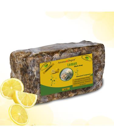 Aroma Depot Lemon Raw African Black Soap 8 oz. 100% Natural soap for Acne Eczema Psoriasis Scar Removal Face And Body Wash. Handmade