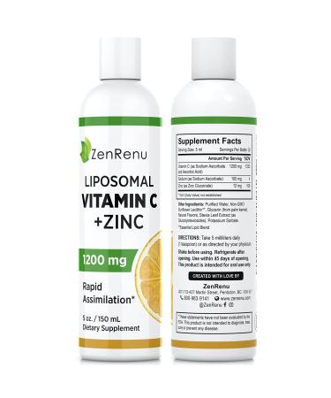 Zenrenu Liposomal Vitamin C Liquid for Adults & Kids - Vitamin C and Zinc Liquid Drink Supplement with Non GMO Sunflower Lecithin - Easy to Absorb for Max Antioxidant & Immune Support 5 oz / 150 ml
