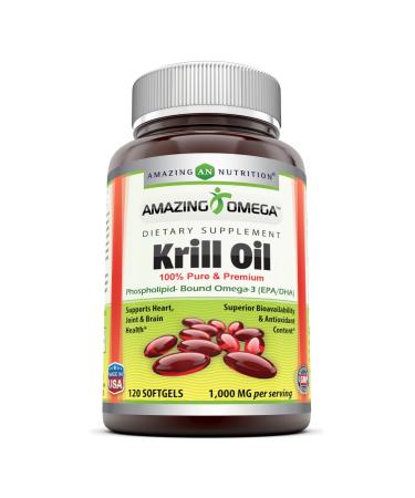 Amazing Omega Krill Oil with Omega 3s EPA, DHA Phospholipids and Astaxanthin 1000mg per Serving 120 softgels (Non-GMO,Gluten Free) - Supports Heart, Joint & Brain Health