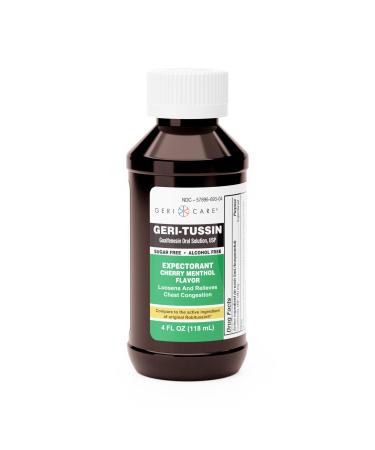 Geri-Tussin Cold and Cough Relief Guaifenesin Syrup by GeriCare| Sugar-Free Guaifenesin Liquid Expectorant| Cough Syrup & Chest Decongestant| Cherry Menthol Flavor Guaifenesin Oral Solution| 4 Fl Oz Expectorant 4 Fl Oz (Pac