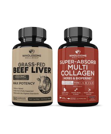 Grass Fed Desiccated Beef Liver Capsules (180 Pills 750mg Each) - Natural Iron Vitamin A B12 for Energy + Super-Absorb Multi Collagen Pills (Type I II III V X) Organic Herbs and Bioperine Bundle