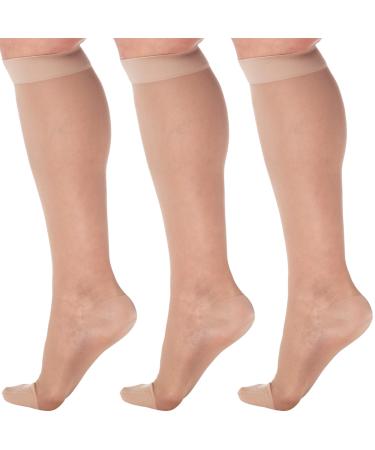 (3 Pairs) Made in USA - Sheer Compression Socks for Women 15-20mmHg - Compression Stockings for Varicose Veins Circulation Thrombosis Embolism - Beige Medium - A101BE2-3 Medium Beige