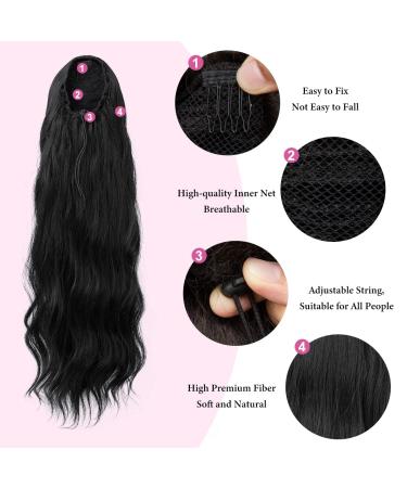 YUMOREAL Black Wavy Drawstring Ponytail Extension 22 Inch - Synthetic Heat-Resistant Fiber Hairpiece for Women - 1B (Natural Black) - Stylish and Versatile - Buy Online on GoSupps.com