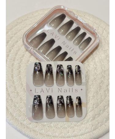 Long Squoval Transparent Black Base French Bow Crystal Star Fake Press On Nails - Buy Online on GoSupps.com