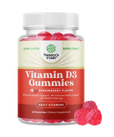 Vegan Vitamin D3 Gummies for Adults - Vitamin D3 5000 IU Natural Gummy Vitamins for Men And Womens Immunity Joint Support Plus Teeth - Gelatin Free Non GMO Delicious Strawberry Flavor