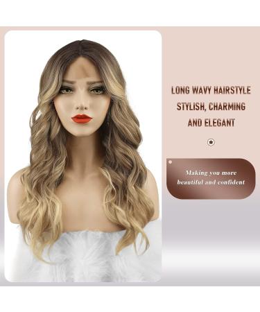 Buy Fine Long Wavy Ombre Blonde & Brown Lace Front Wig - 65 cm Natural Synthetic Hair Waves for Women - Buy Online on GoSupps.com