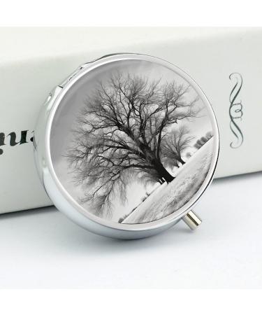 Round Pill Box - Black and White Tree Print | 3 Compartment Portable Pill Organizer - Decorative Metal Pocket Medicine Case - Buy Online on GoSupps.com
