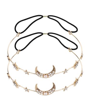 FRCOLOR Moon Stars Hairband Moon Stars Tiaras Headband Gold Jewelry Headpiece Wedding Hair Accessories for Women 2pcs