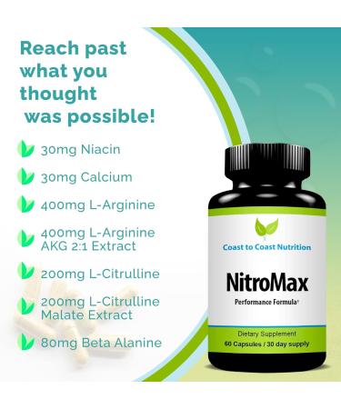 NitroMax Performance Formula L-Arginine Nitric Oxide Supplement Plus Citrulline AKG Beta Alanine Build Muscle Vascularity Energy Circulation Workout Harder - 60 L-Arginine Capsules 1 Count (Pack of 60) - Buy Online on GoSupps.com
