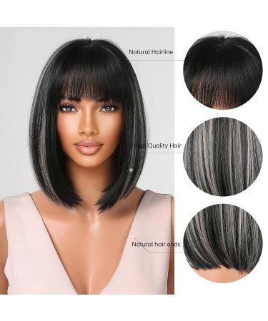 Testar 14-Inch Black & Gray Bob Wig for Women - Short Synthetic Wig with Ponytail & Highlights | Heat-Resistant Fiber for Daily & Party Use - Buy Online on GoSupps.com