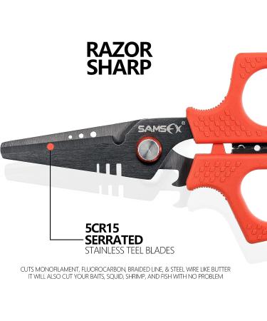 SAMSFX Fishing Braid Line Scissors Shears - Titanium Coated Dual-Serrated Blade, Orange Kraton Handle, Hard Sheath & Lanyard - Buy Online on GoSupps.com