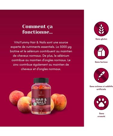 VitaYummy Vitamin Gums for Hair and Nails Peach Flavor - With Vitamin C Vitamin D Zinc and a High Dose of Biotin (5000 g) - 60 Hair Candy - Buy Online on GoSupps.com