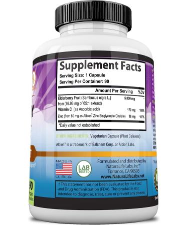 Sambucus Elderberry 5000mg Super Concentrated with Vitamin C & Zinc - Immune Support Supplement | 90 Veggie Capsules - Buy Online on GoSupps.com
