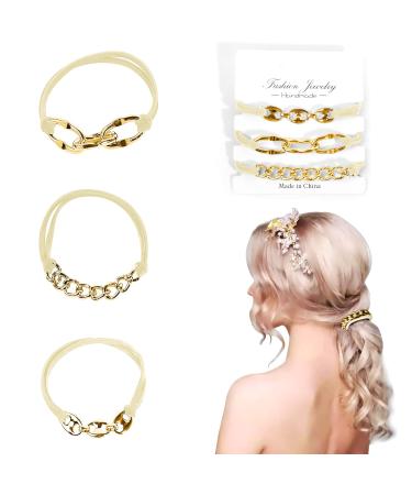 Elastic Bracelet Hair Ties  Mesen 3PCS Hair Ties Bracelet with Gold Metal  Looks Awesome On Your Wrist and Cute In Your Hair  Hair Ties for Outdoor Sports  Yoga  Ball Games  Shopping Etc (Gold)