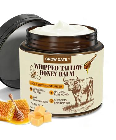 Beef Tallow for Skin - Organic Tallow and Honey Balm for Face - Whipped 100% Grass-Fed Beef Tallow & & Raw Honey Body Deeply Nourishing for Women & Men Suitable for All Skin Type - Unscented 2.1 OZ