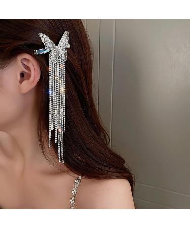 TseenYi Butterfly Rhinestone Tassel Hair Clip Silver Butterfly Barrette Crystal Long Tassel Hairpin Clip Shiny Cz Wedding Barrettes Bridal Decorate Hair Accessories for Women and Girls - Buy Online on GoSupps.com