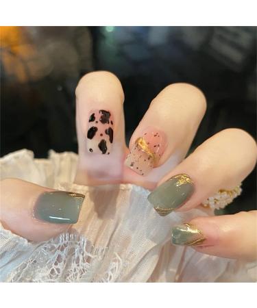 Square False Nails Short Detachable Glue Included Full Cover Green Gold Leopard Print French Press on Nails 24 Pieces Nail Art Tips for Nail Salons and Women DIY Nail Art