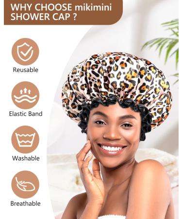 Mikimini Leopard Large Shower Hoods 2-Pack | Waterproof & Washable Shower Caps for Long Hair with Black Lace - XL Size for Women - Buy Online on GoSupps.com