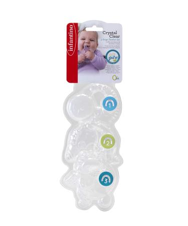 Infantino White Crystal Clear 3 Stage Teether Set - 3 Soft -Textured Teethers for Sensory Exploration and Teething Relief Silicone Free From BPA PVC Dyes and Phthalates