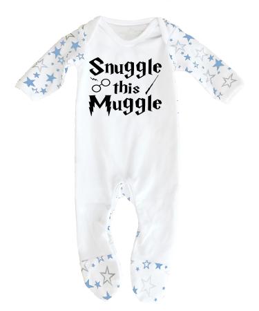 'Snuggle this Muggle' Harry Potter Inspired Baby Boy Girl Sleepsuit Designed and Printed in the UK Using 100% Fine Combed Cotton 0-3 Months White/Blue Stars