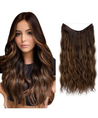 MeeQee Halo Hair Extensions for Women Invisible Adjustable Wire 20 Inch Synthetic Long Curly Wavy Hair Pieces with Secure Clips Easy to Use Natural Looking(Mixed gold Mixed brown Brown)