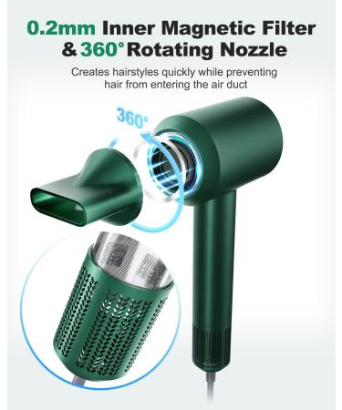 7MAGIC High-Speed Hair Dryer - 110 000RPM Motor Low Noise 1400W Ionic Travel & Home Magnetic Nozzle Tri-Colour LED - Green Deep Green - Buy Online on GoSupps.com