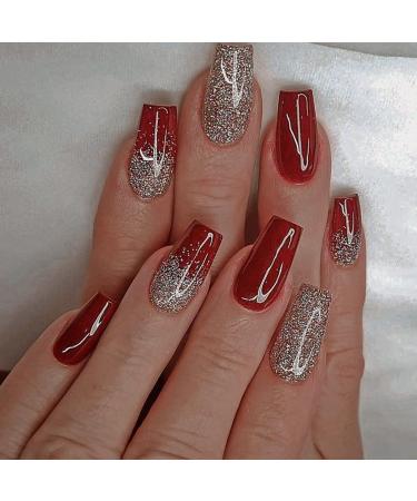 GORS Summer Wine Red Press on Nails - Medium Coffin Square Sparkle Gold Powder Fake Nails Glue on Nails Full Cover Stick on Nails False Nails Acrylic Nails Artificial Nails for Women 24Pcs/Set Wine Red & Sparkle Gold Pow...
