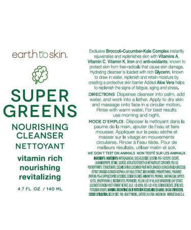 Earth To Skin Super Greens Face Cleanser - Vitamin-Enriched Daily Wash for All Skin Types (4.7 Fl Oz) | International Shipping Available - Buy Online on GoSupps.com